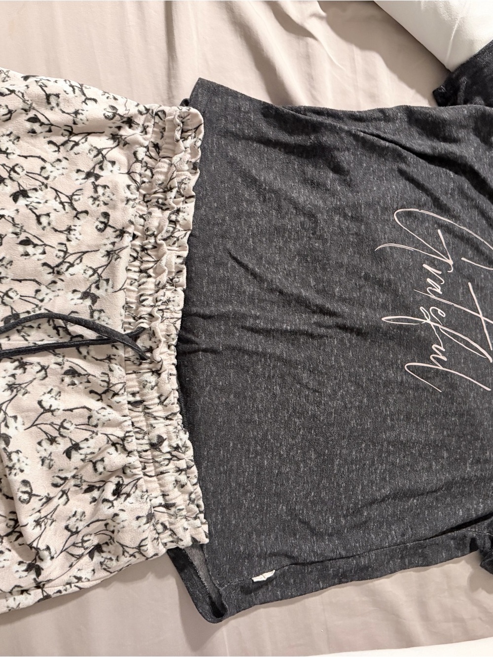 Danskin Charcoal Gray Top with Cream Floral Shorts Pajama Set